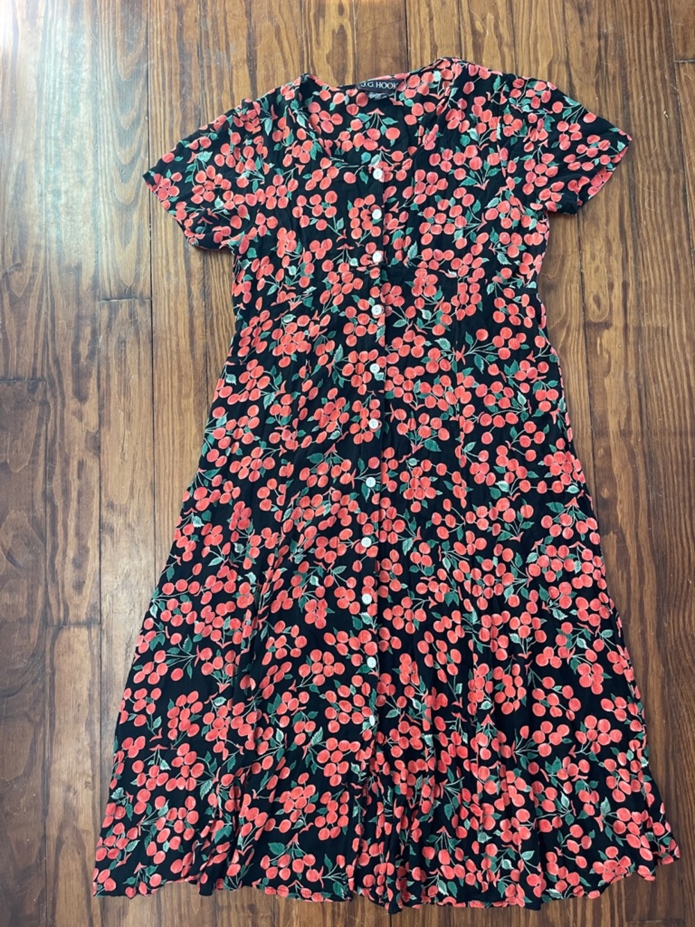VTG 90s JG Hook Black Dress with Red Cherry Print